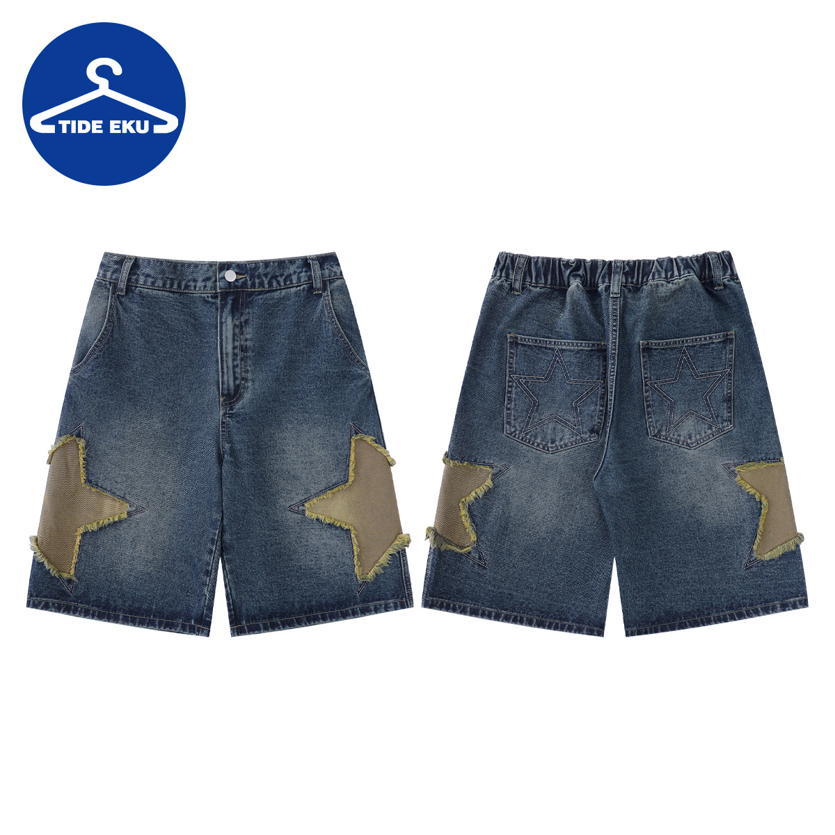 TIDEEKU pantalones cortos casuales de verano para hombres, bordados de estrellas, pantalones sueltos de cinco puntos, jeans rectos de la marca de moda