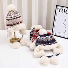 新款民族风提花毛线帽子女冬季保暖雷锋帽加绒加厚护耳帽成人帽