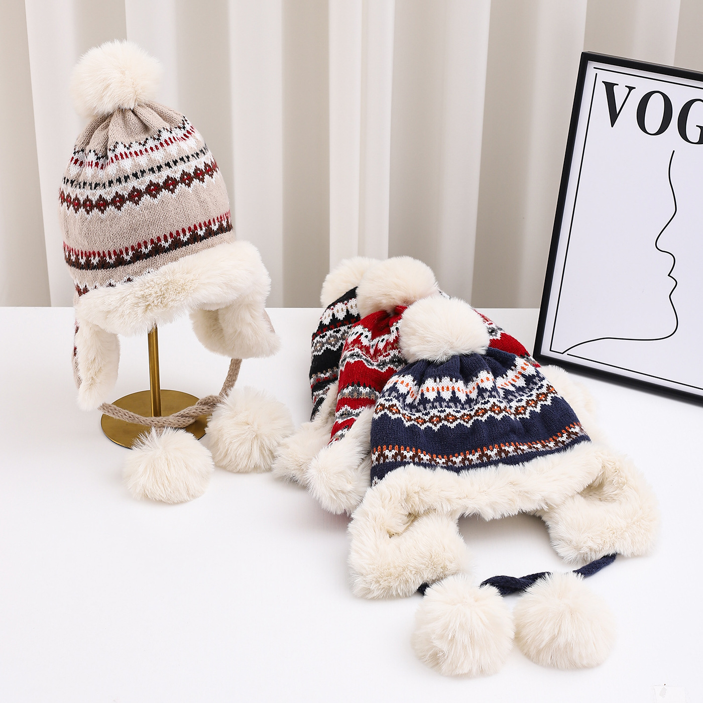 新款民族风提花毛线帽子女冬季保暖雷锋帽加绒加厚护耳帽成人帽