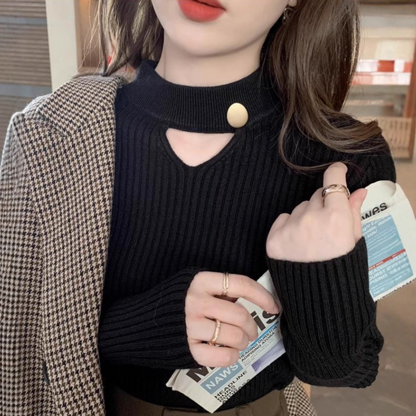 Hollow-Out Sweater, Half-Turtleneck Knit Top for Women, New Autumn Design, Stylish Base Layer for Fall and Winter, Slimming Effect