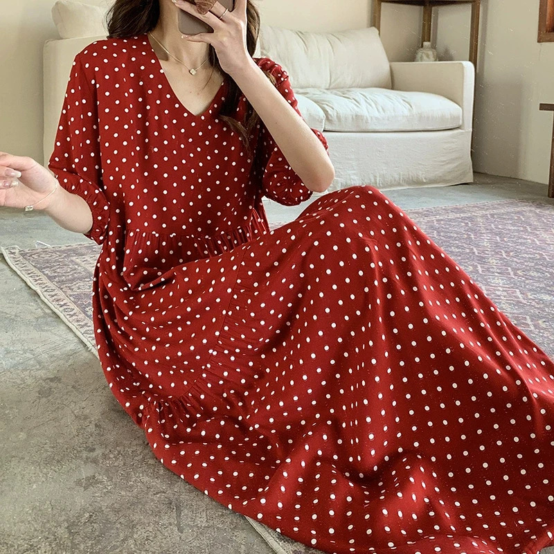 2026 Cotton Silk Family Short-Sleeve Nightdress for Women, Polka Dot Summer Thin Dress, Long Dress, Lazy Loose Homewear for Women