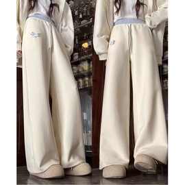 女童2025春新款慵懒风小众格纹拼接裤头休闲裤宽松高腰直筒阔腿裤