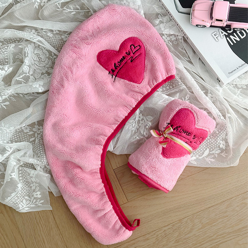 Towel Dry Hair Towel Pink Heart Cartoon Dry Hair Cap Water Absorbent Quick Drying Cute Turban Thickened Long Hair Wipe Turban