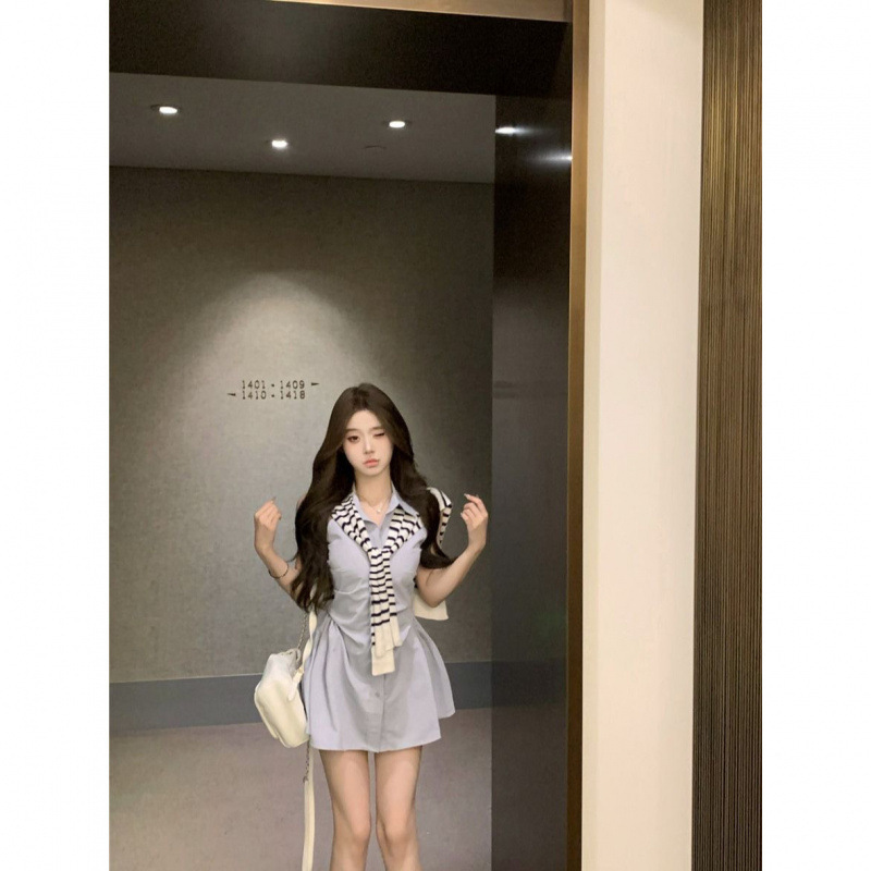 Summer New Korean Style White Polo Collar Shirt Dress Versatile Waist Pleated Skirt with Stripesd Shawl