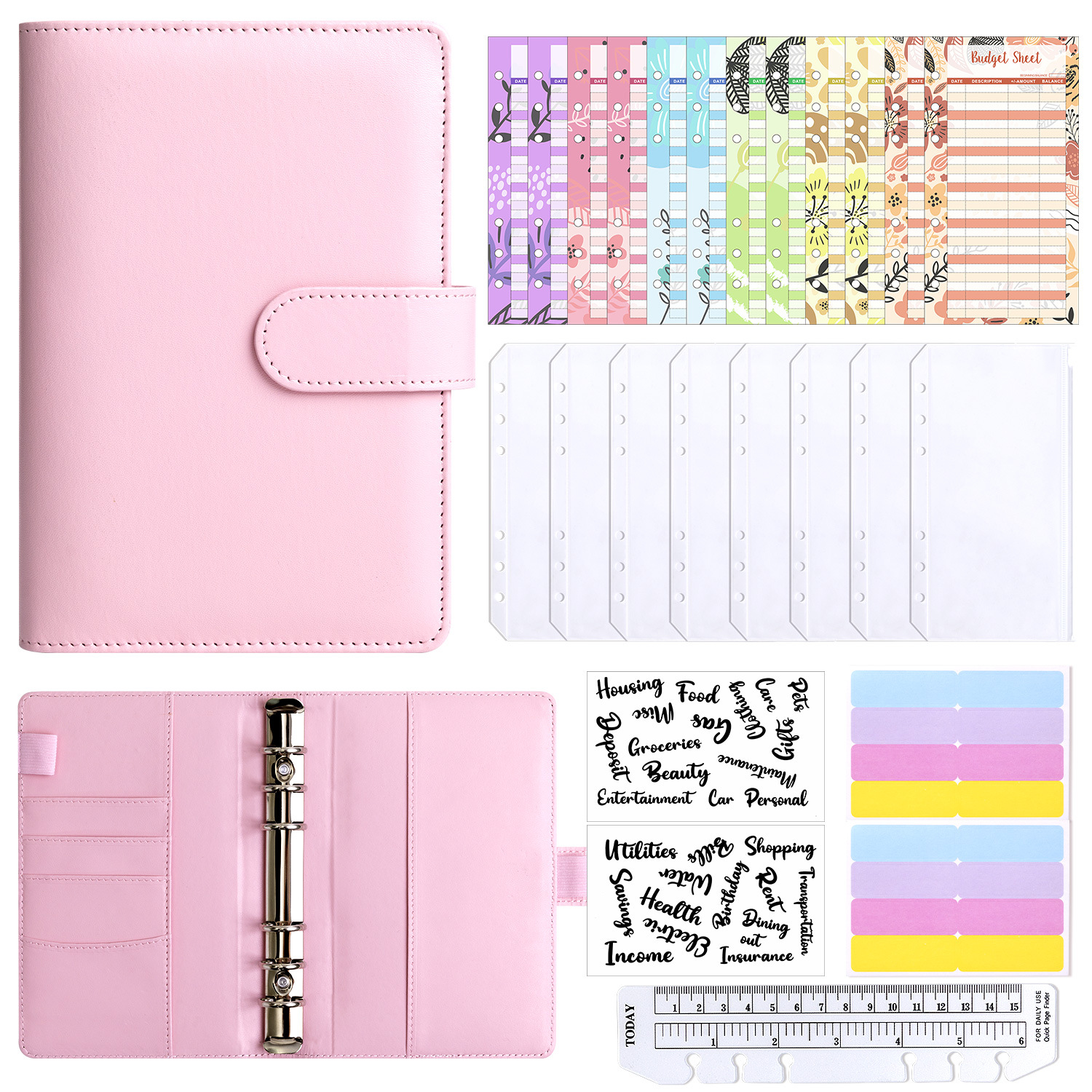 Presupuesto transfronterizo Cash Clip de hojas sueltas Bolsa con cremallera Sobres Libro de cuentas A6 Macarons PU Cuaderno de hojas sueltas de cuero