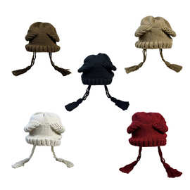 新款韩版ins风纯色小熊针织帽女秋冬季保暖护耳流苏帽子冬季冷帽