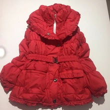 外贸原单秋冬新款 女童中小童红色羽绒棉连帽花 百褶收腰儿童棉衣