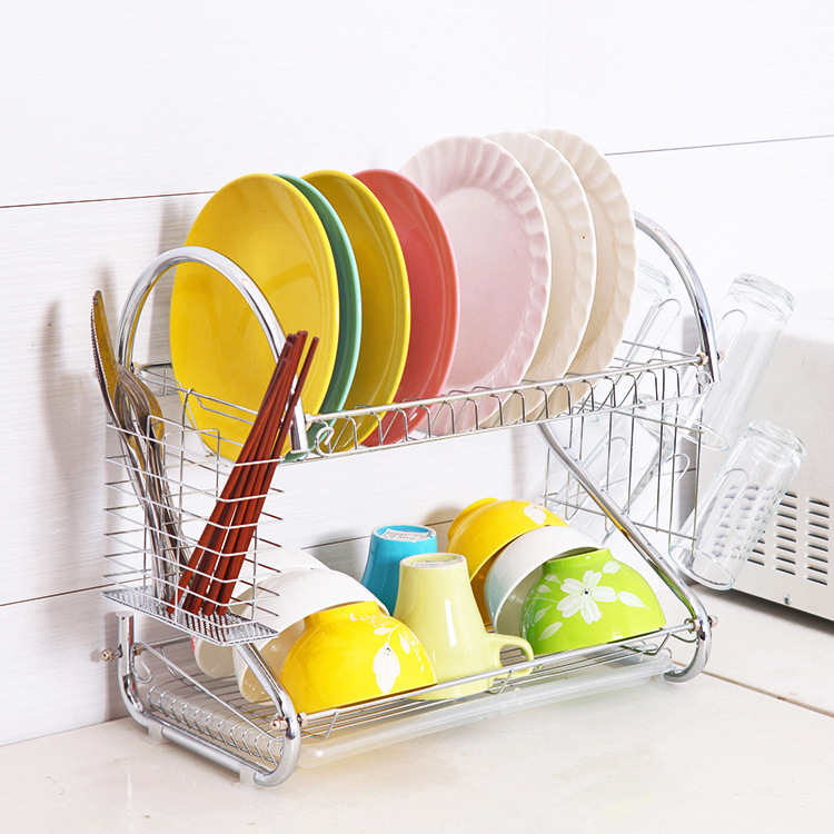 Estante para platos de doble capa de acero inoxidable Estante de drenaje de tipo S Estante de almacenamiento de cocina Suministros de almacenamiento Estante para platos de drenaje al por mayor