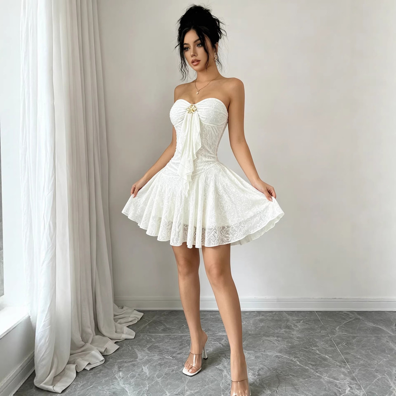 Amazon European and American Cross-Border Foreign Trade 2026 Summer Vacation Strapless Metal Buckle Knitted Slim-Fit Mini Dress Amazon European and American Cross-Border Foreign Trade 2026 Summer Vacation Strapless Metal Buckle Knitted Slim-Fit Mini Dress