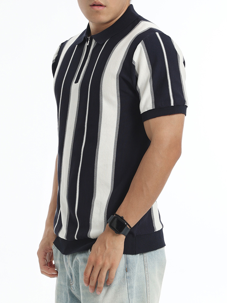Verano Europa y América rayas verticales hielo tejedido polo camisa de hombre manga corta semia cremallera solapa contraste de color hombre de negocios