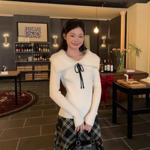 宋正恩白色毛毛一字肩蝴蝶结毛衣女春季韩系修身显瘦长袖针织上衣