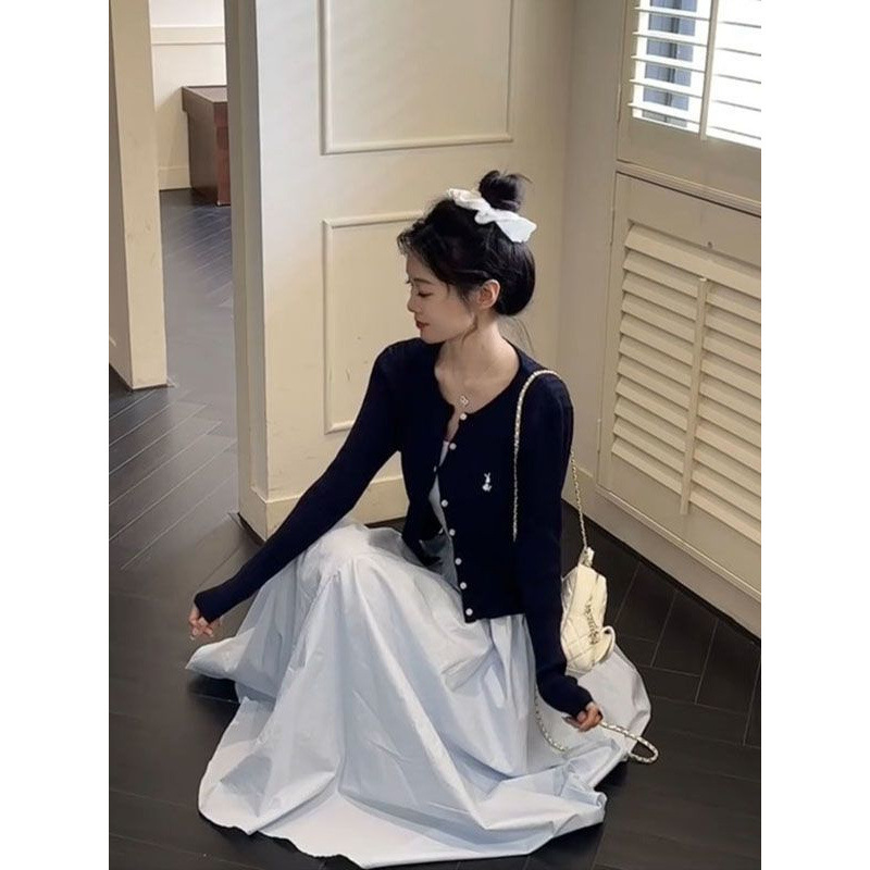 早春两件套装慵懒学院风藏青色麻花针织开衫女搭配浅蓝色连衣裙潮|undefined