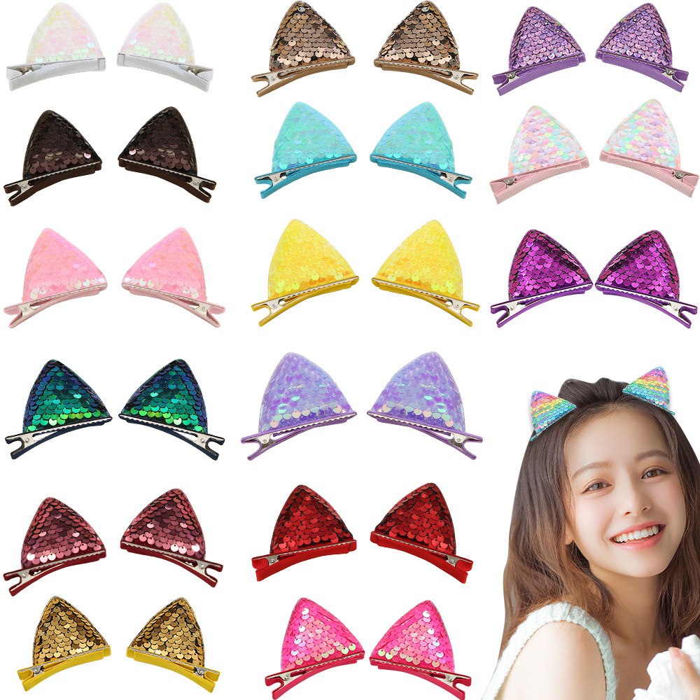 Cartoon Pastoral Style Princess Hairpin Girls Glitter Fish Scale Cat Ear Duckbill Clip Colorfulful Bangs Clip Jewelry