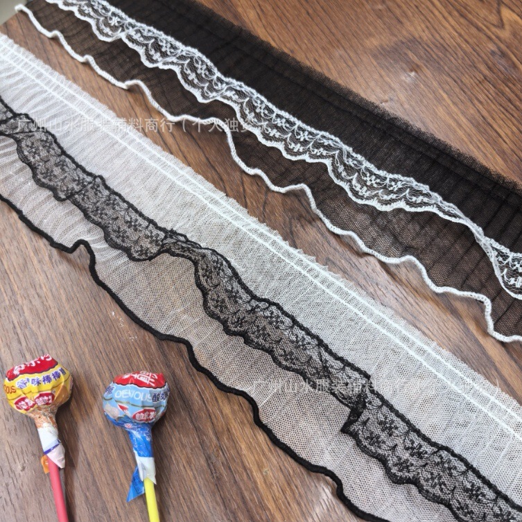Delicate Black and White Lace Trim for Children's Clothing, Affordable Pleated Lace with Wrinkle Effect