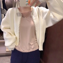 小香风设计感珍珠开衫外套2023春秋新款纯色通勤短款针织毛衣女潮
