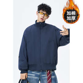 美式重磅藏青色廓形立领棉服男女冬季潮牌青少年保暖加厚夹克外套
