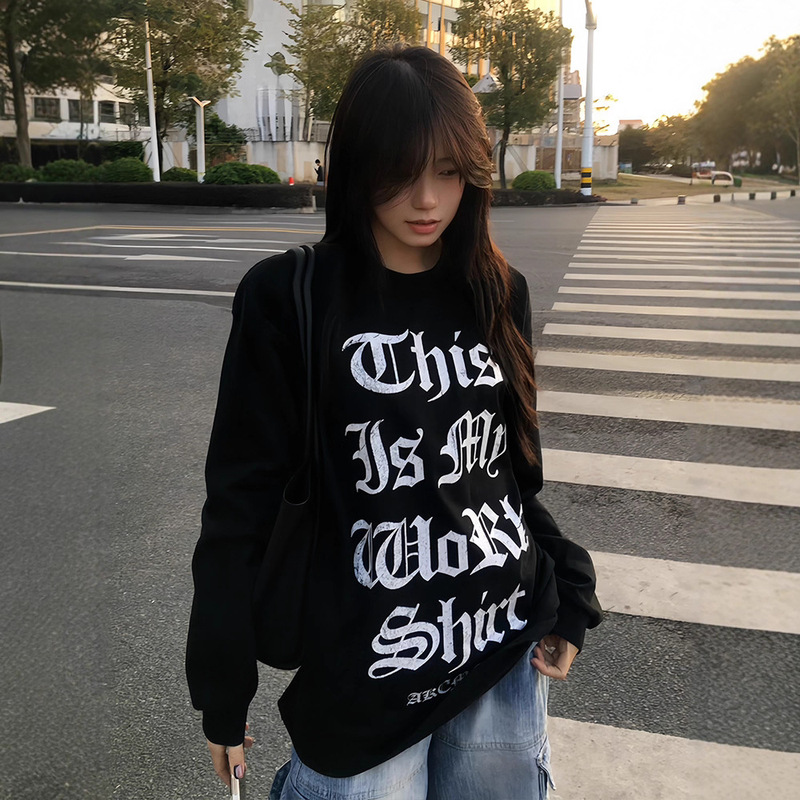 Plus-Size American Street Style Long-Sleeve T-Shirt for Men and Women, Autumn New Letter Couple Loose Pure Cotton Top