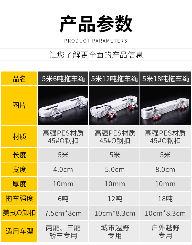 Trailer Rope White Off-road Car U-shaped Iron Hook Multi-layer Thickeneded with Reflective Wire Night Warning Strong Rescue Rope