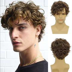 欧米の新型男性の髪の茶色の短い巻き髪の長い前髪の短い巻きの男性の髪の自然な巻きのふわふわしている化繊の頭カバーのメーカー