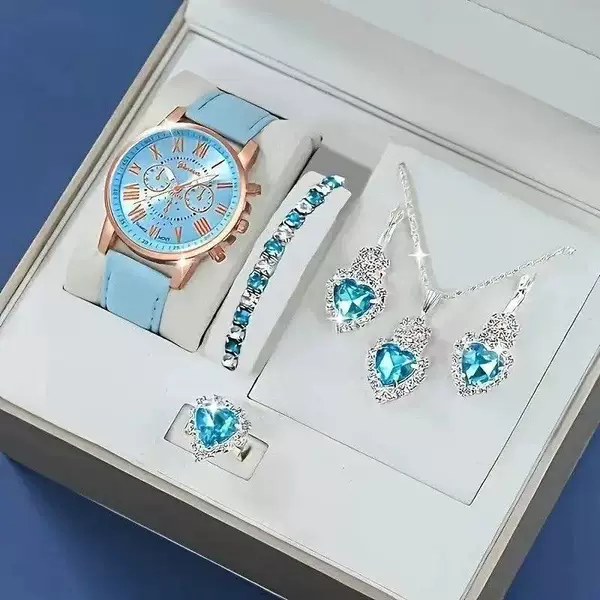 Light Luxury Women's Quartz Watch Five-Piece Set, Fashionable Diamond-Encrusted Watch, Necklace, Earrings, Ring, Gift Box Set