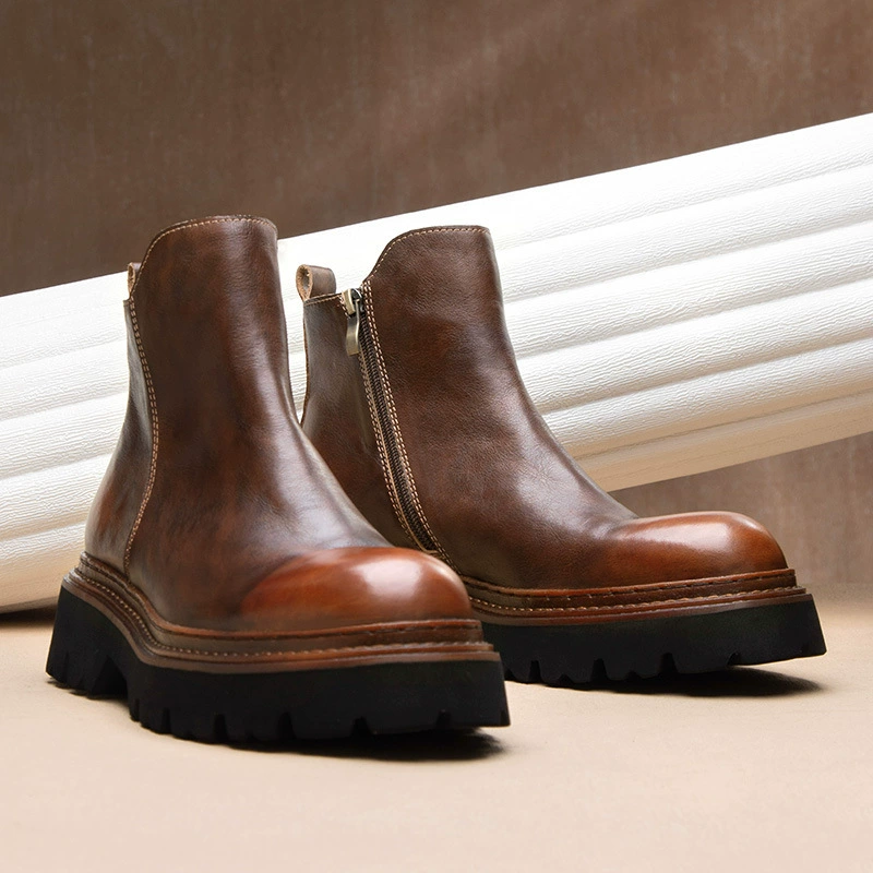 Высококачественные кожаные сапоги помогают кожаные сапоги модные круглые сапоги досуг Челси короткие сапоги на молнии Мартин сапоги мужчины
