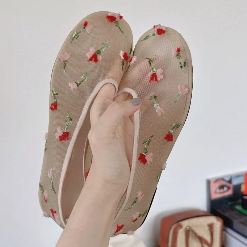 フェアリースタイルメッシュ刺繍フラワーパンプス女性の夏の新しい中空通気性と快適なバレエシューズ|undefined