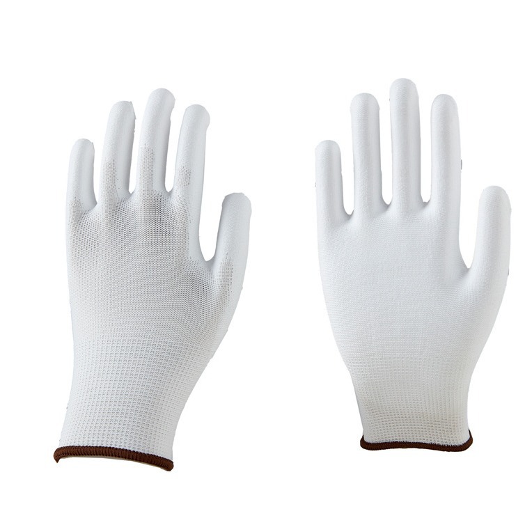 批发13针白色尼龙PU涂掌手套无尘防静电涂指手套电子车间劳保手套