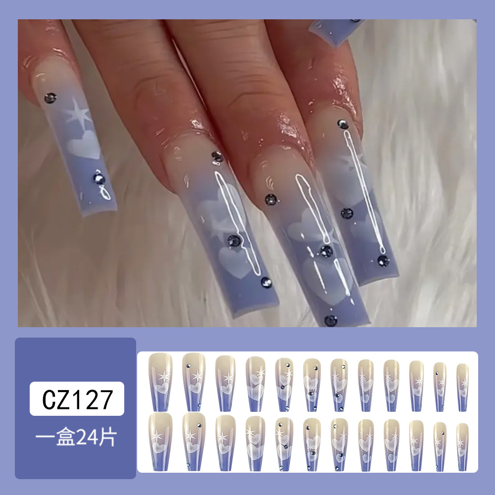 Uñas postizas largas con forma de corazón de melocotón, estilo europeo y americano, con diamantes de imitación, uñas postizas para aplicar