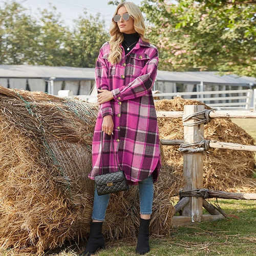 Autumn and winter European temperament windbreaker coat, side split lapel loose woolen plaid coat 