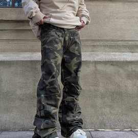 美式复古hiphop拉链拼接迷彩工装裤男女高街头潮牌宽松直筒长裤子
