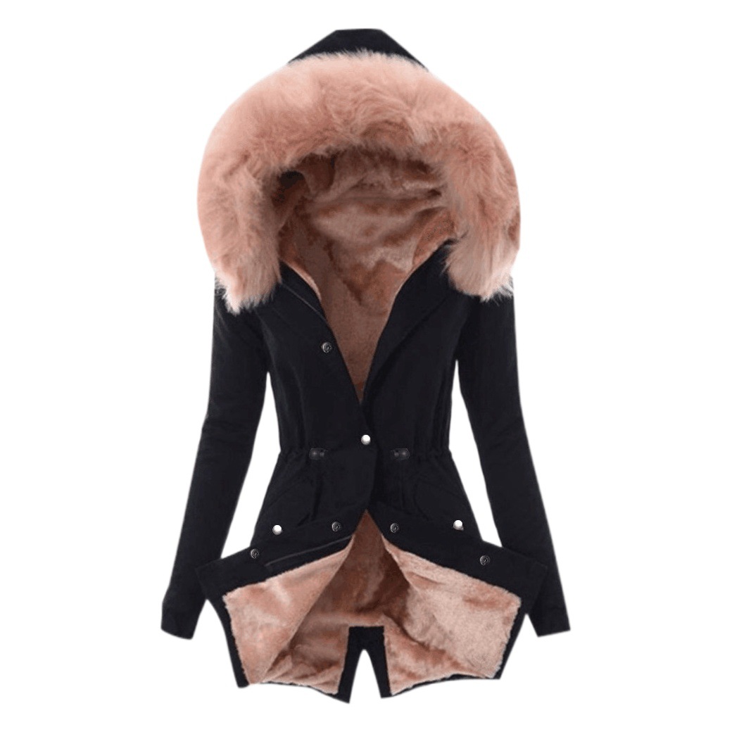 Amazon desea nuevo Cuello de piel de mujer con cordón color sólido casual cálido abrigo de algodón acolchado para mujer