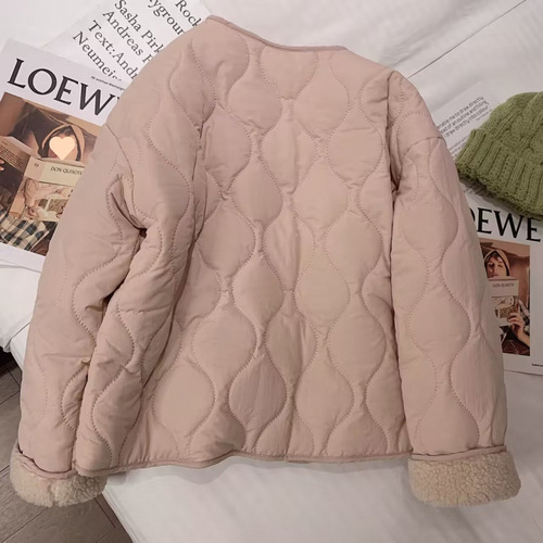 Pink Lamb's Wool Cotton Coat for Women 2025 Winter New Korean Style Thick Round Neck Lamb's Wool Outerwear Cotton Coat