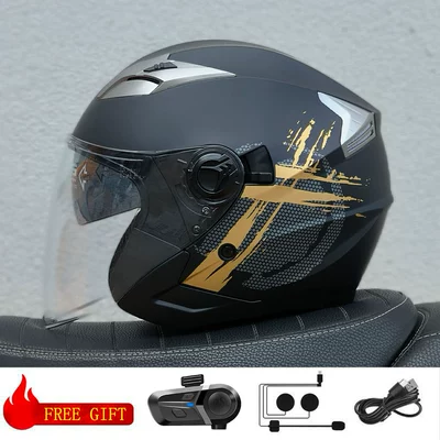 Cross-Border Supply 3/4 Helmet | Motosiklet kaskı (dəbilqə) - matt-black-gold-transparent-lens-with-bluetooth-m57-58