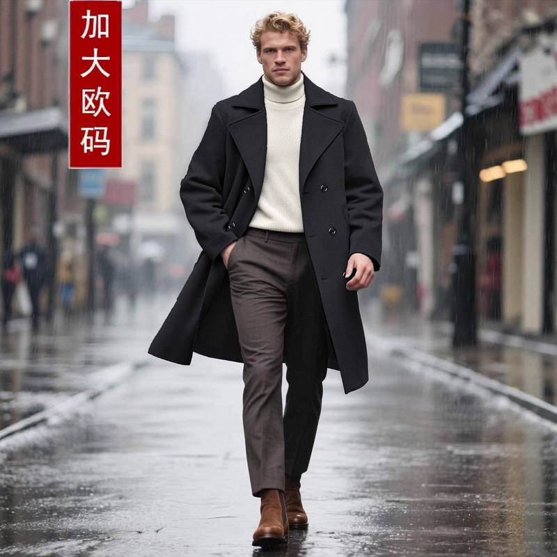 Cross-Border European Size Men's Double-Breasted Woolen Windbreaker Business Life Lightweight Anti-Wrinkle No-Iron Simple Jacket