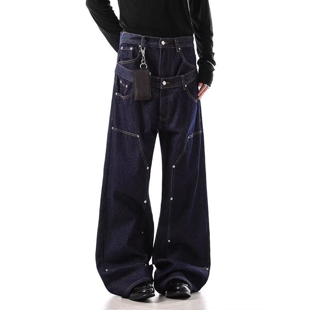 Fake Two-Piece Double Waistband Design Jeans, Studded Dark Blue Textured Raw Denim, Loose Fit Straight Leg Casual Long Pants