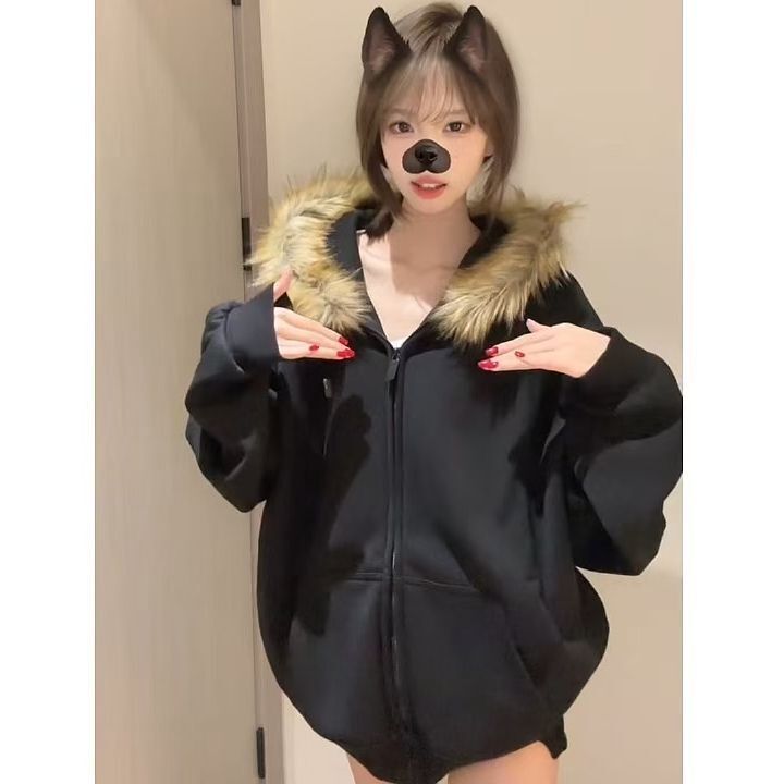 American Retro Trendy Brand Fur Collar Zipper Cardigan Hooded Sweatshirt for Women Autumn and Winter Couple High-End Casual Jacket Trendy