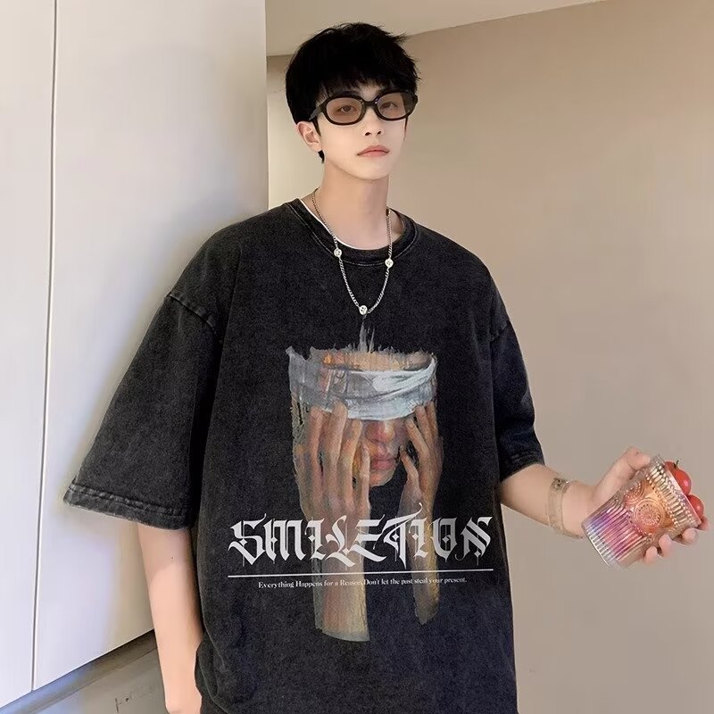 Camiseta de manga corta de algodón puro desgastado lavado retro americano para hombre, camiseta de media manga de marca holgada informal de verano para hombre