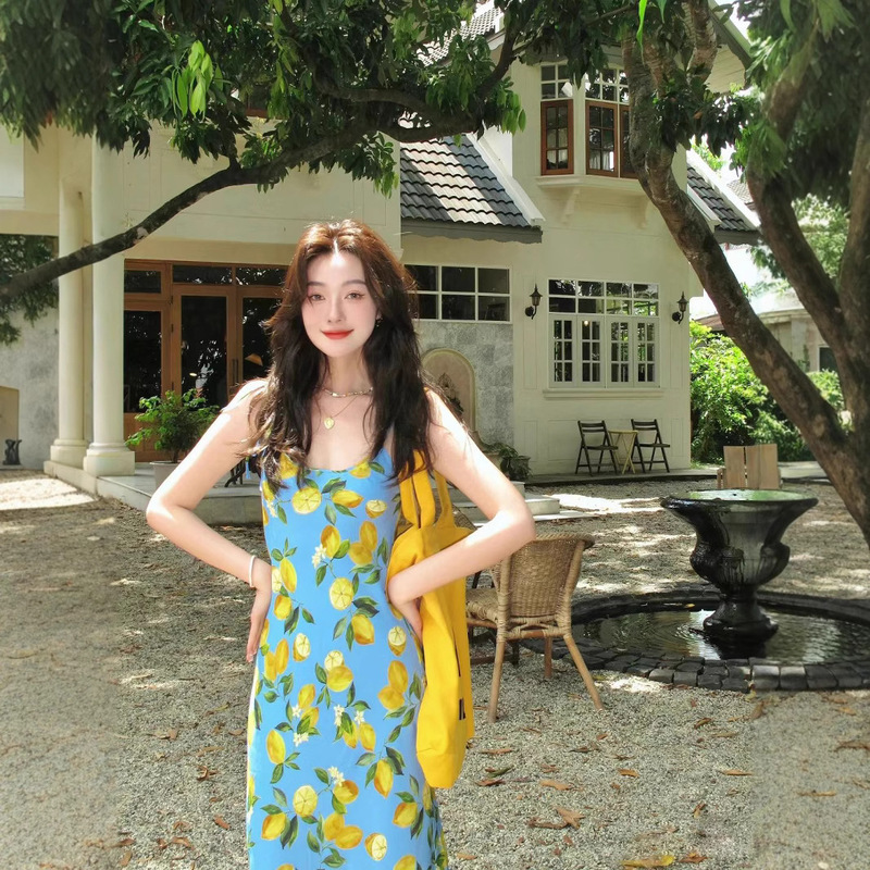 Seaside Dopamine Vacation Style Skirt Blue Lemon Print Sling dress Women's Summer Beach Atmosphere Long Dress