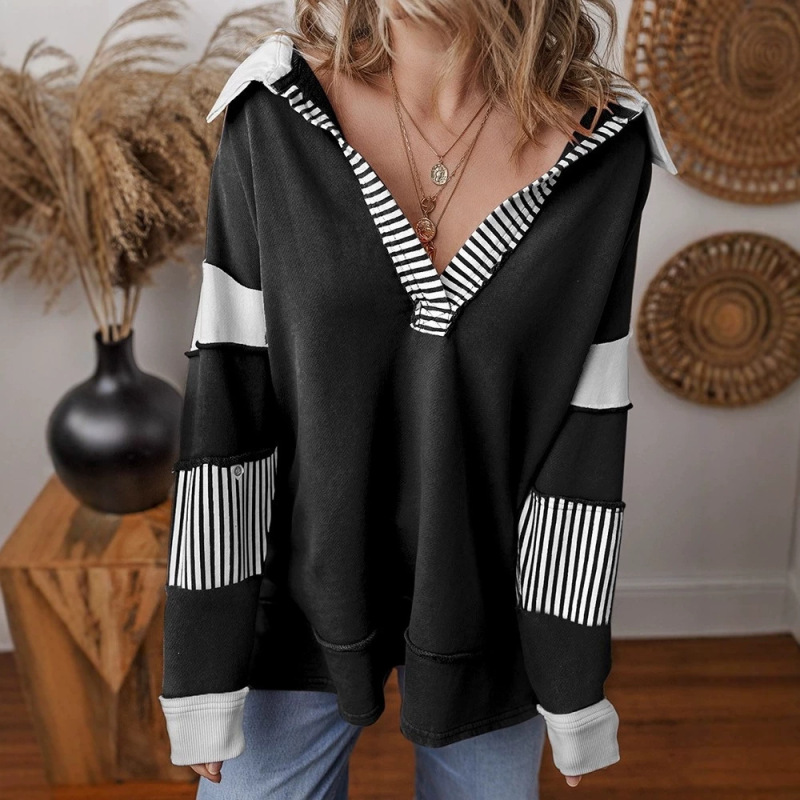 European and American Casual Loose V-Neck Pullover Sweatshirt for Women 2025 Autumn New Style Personalized Striped Patchwork Long-Sleeved Top for Women