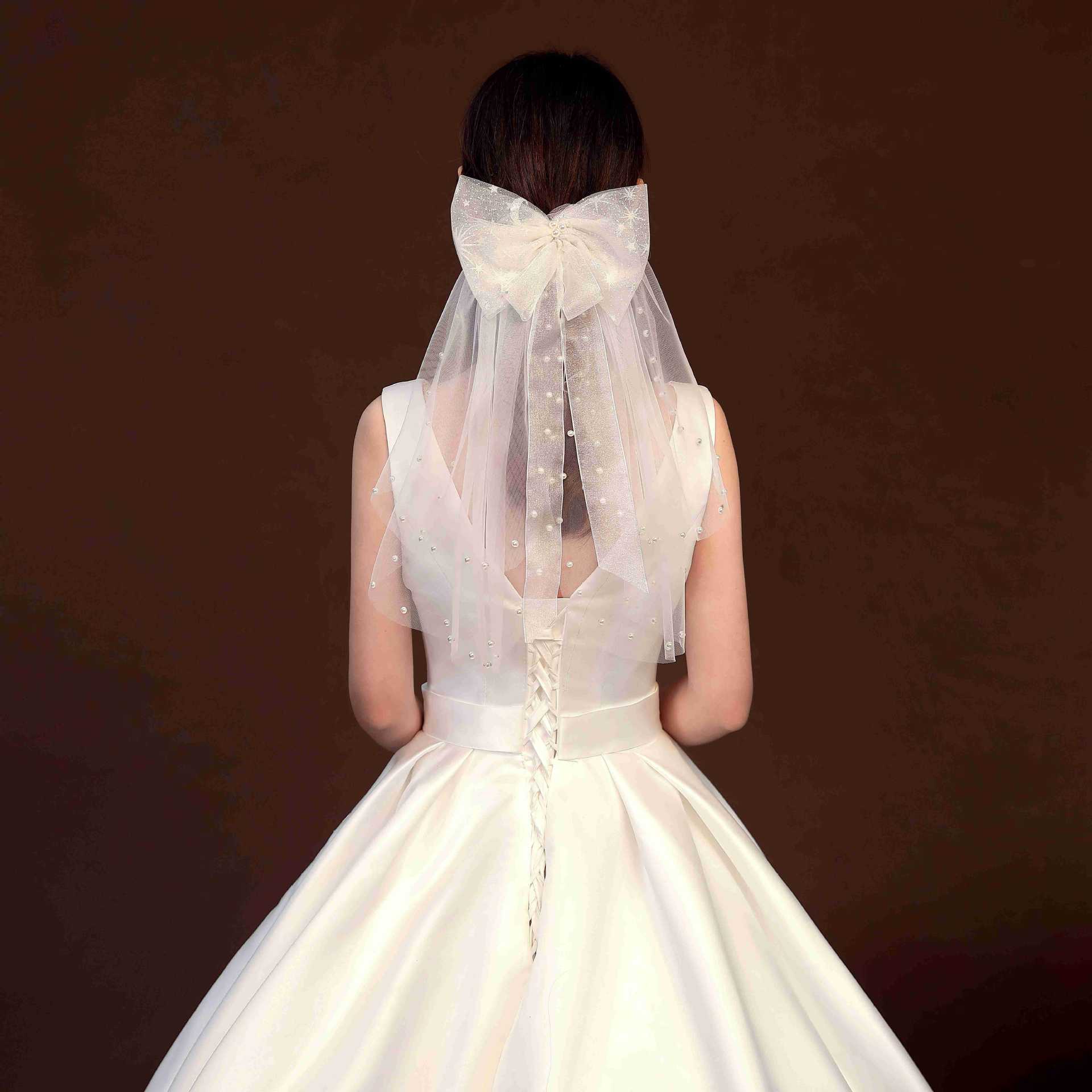 珍珠蝴蝶结网纱头纱小头饰婚婚纱头饰配饰旅拍写真发饰新娘头纱|ms