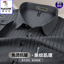 啄木鸟高档桑蚕丝男士长袖衬衫春秋款商务寸衫中年条纹免烫衬衣