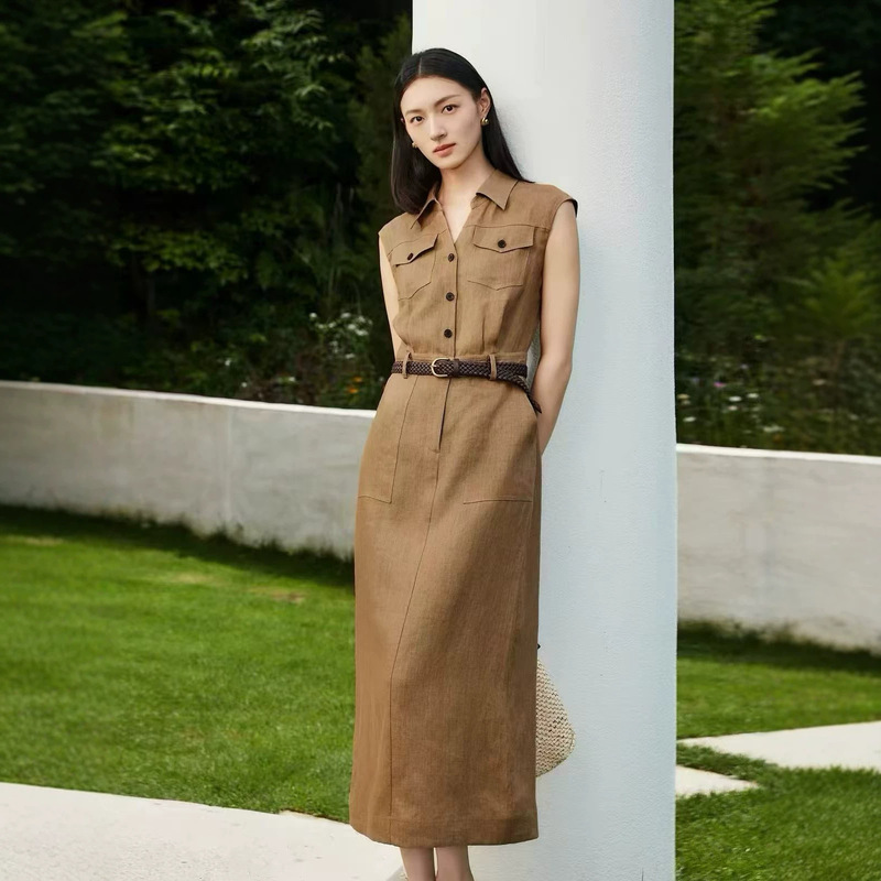 Yi** mall's same style 2026 autumn new fashion casual linen workwear style sleeveless waist-cinching dress with a turn-down collar Yi** mall's same style 2026 autumn new fashion casual linen workwear style sleeveless waist-cinching dress with a turn-down collar