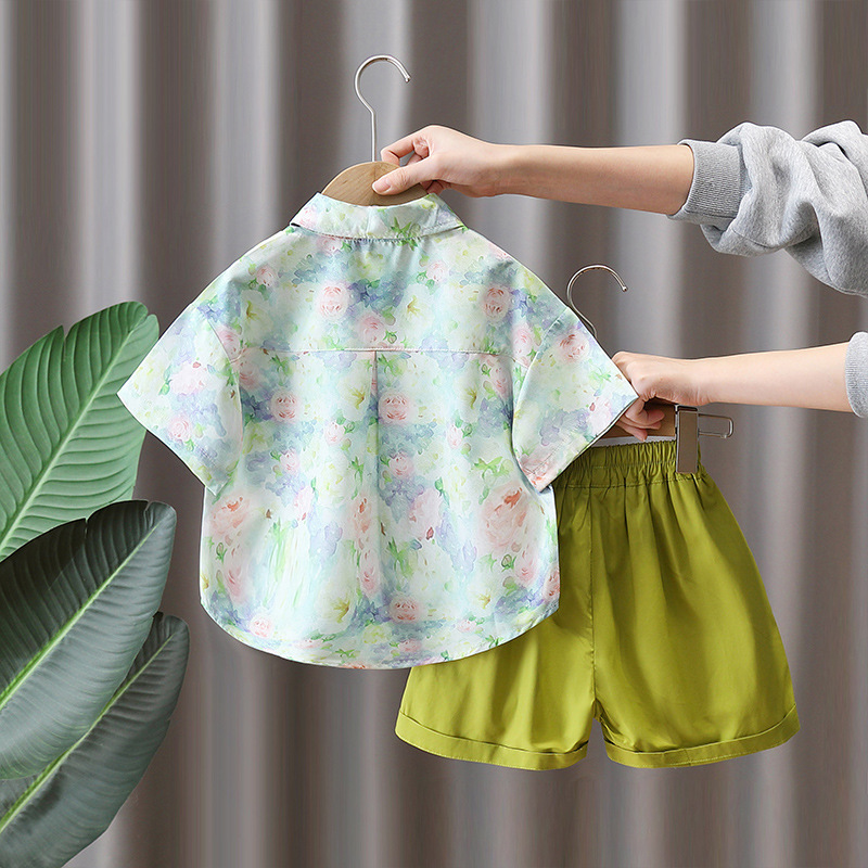 7878 Camisa de flores para niños, camisa de manga corta de verano para niños, pantalones cortos, ropa de verano de dos piezas, ropa de calle frita