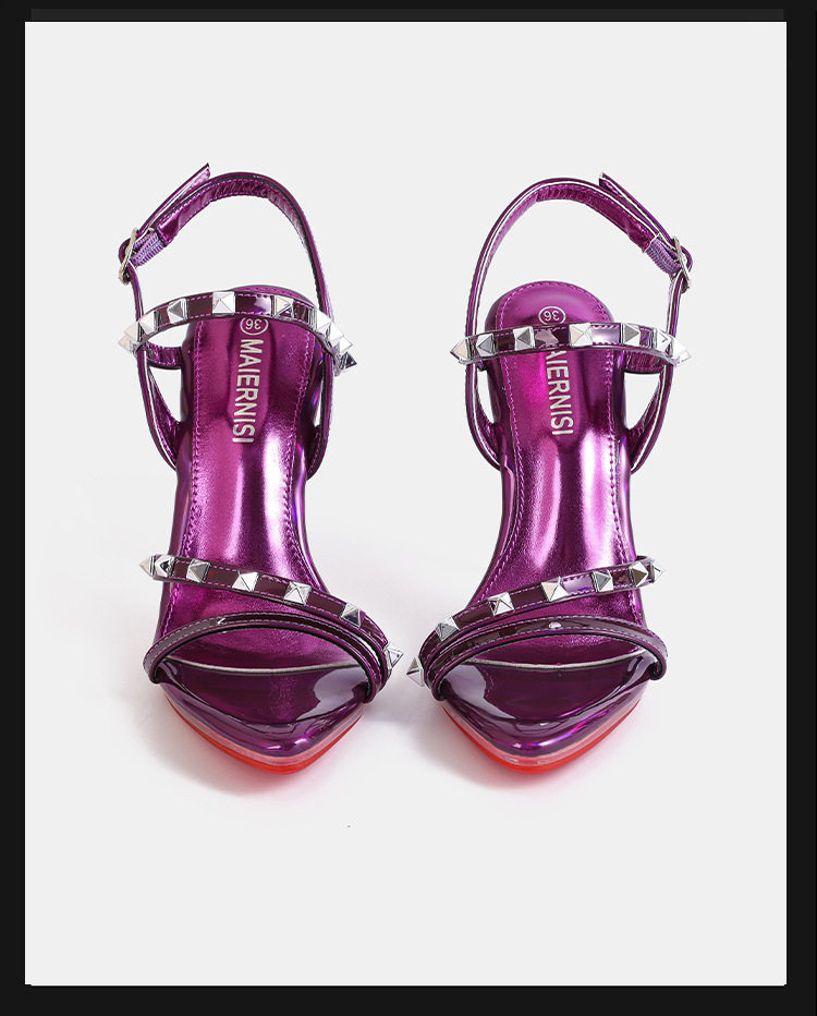 Sandal nữ gót nhọn siêu cao quai ngang khóa cài đính đinh tán, đế đỏ, mũi hở, cỡ lớn — Màu be, Màu bạc, Màu trắng, Màu tím chi tiết 22