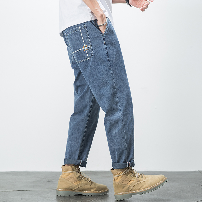 Heißverkaufte, übergroße, bestickte Herrenjeans mit elastischem Bund für Herren. 9-Punkt-Fat-Jeans in Übergröße für Vielseitigkeit für Herren_voghion.com