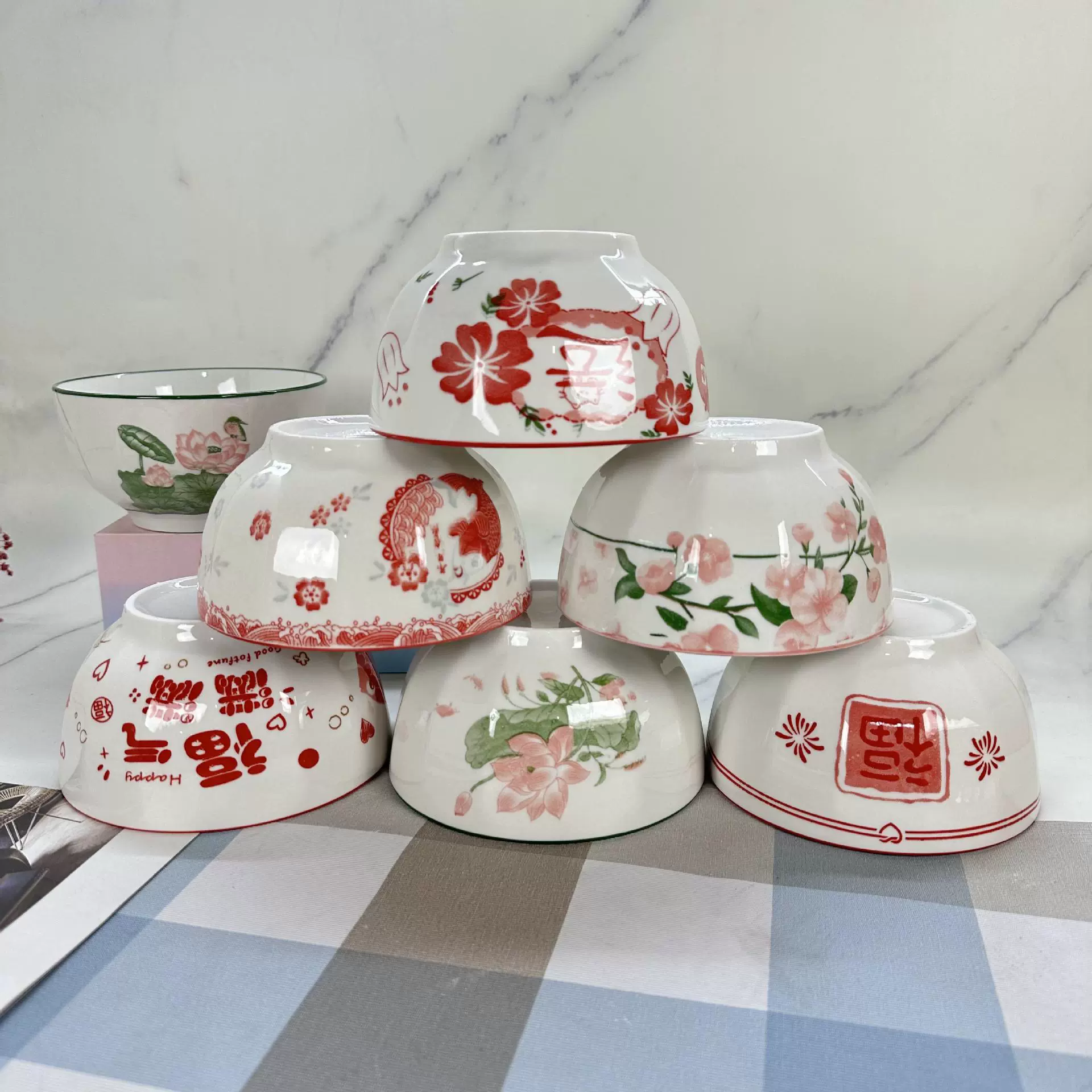 Manufacturer wholesale printed underglaze color 5.2 inch R&F bowl vertical pattern bowl household ceramic rice bowl ceramic bowl tableware