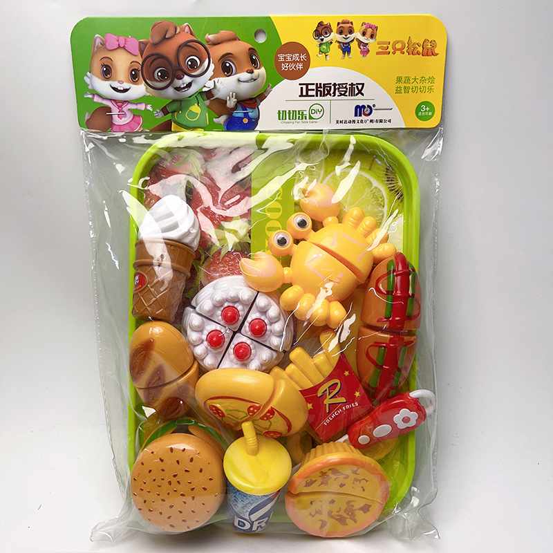 Tres ardillas simulación sandía frutas y verduras corte hamburguesa papas fritas jugar casa chica juguetes de cocina traje