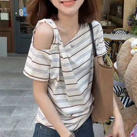 韩系撞色条纹露肩短袖t恤女夏季短款修身设计感小众吊带斜肩上衣