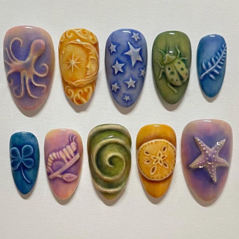 Wm-244 Colored Pottery Pattern Fake Nails Art Starfish Summer Ocean Style 24 Pieces Wearable Nails Wholesale