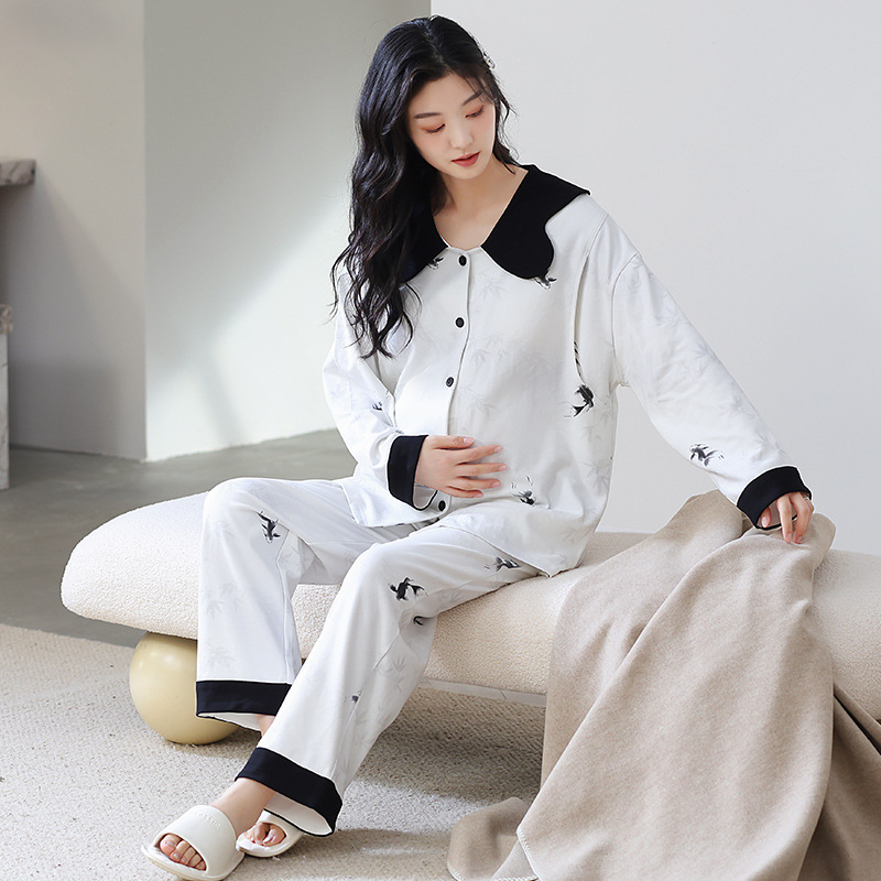 가슴 패드가 내장된 순면 감금복, 긴팔 가디건, 편안한 봄, 가을 순면 투피스 홈복 세트